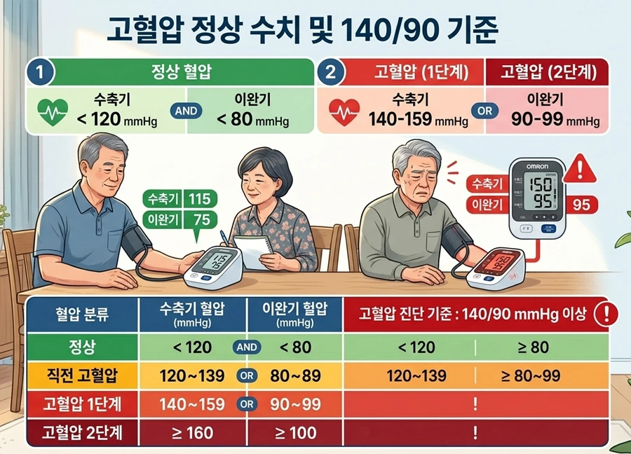 고혈압 정상 수치와 140 90 기준을 설명하는 도표 이미지