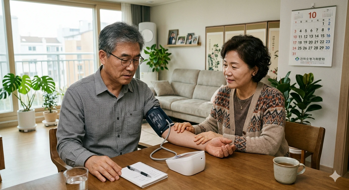 50대가 집에서 혈압을 측정하는 모습