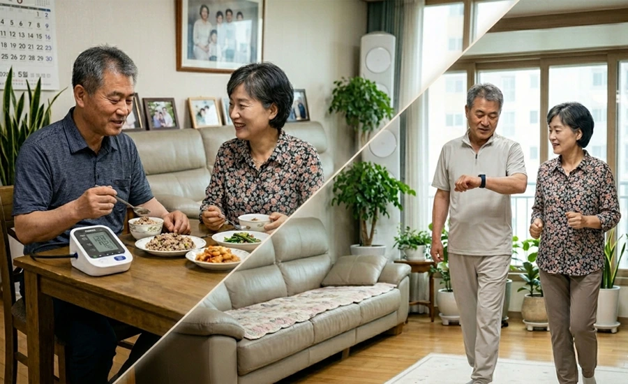 고혈압 생활관리와 가정혈압 기록을 하는 한국 중년 부부