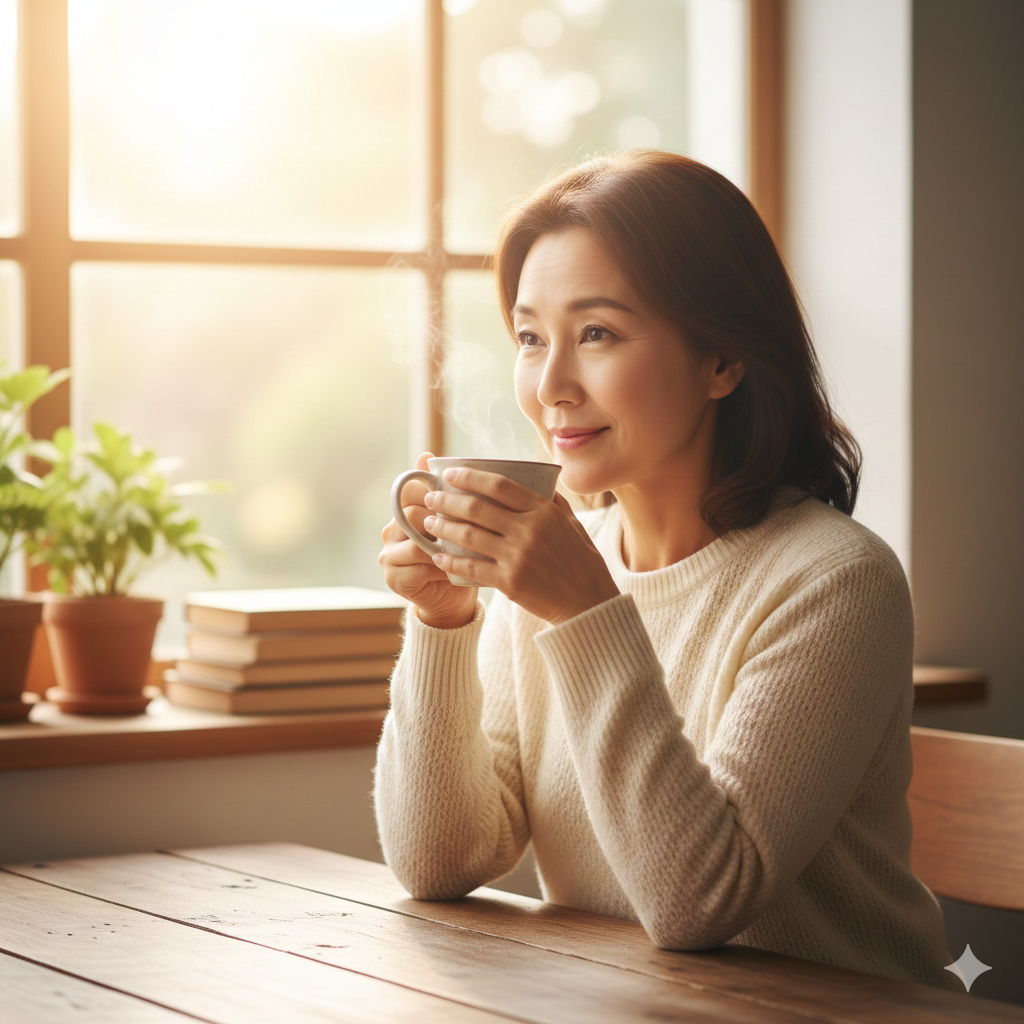 따뜻한 차를 마시며 미소 짓는 건강한 중년 여성의 모습