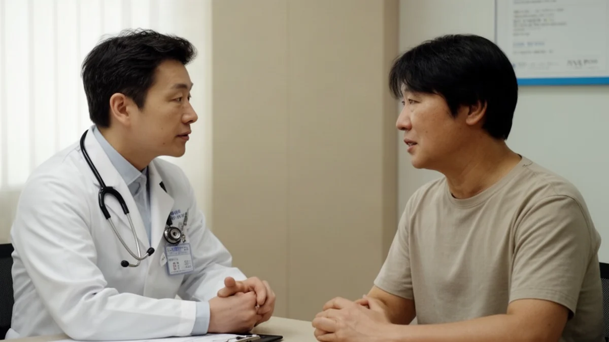 당뇨 관련 건강 기록을 두고 상담하는 의료진과 50~60대 환자