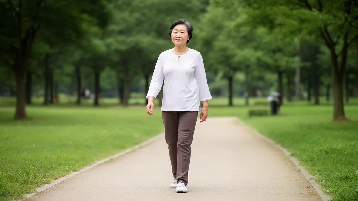 당뇨 관련 공원 산책로를 천천히 걷는 50~60대 성인
