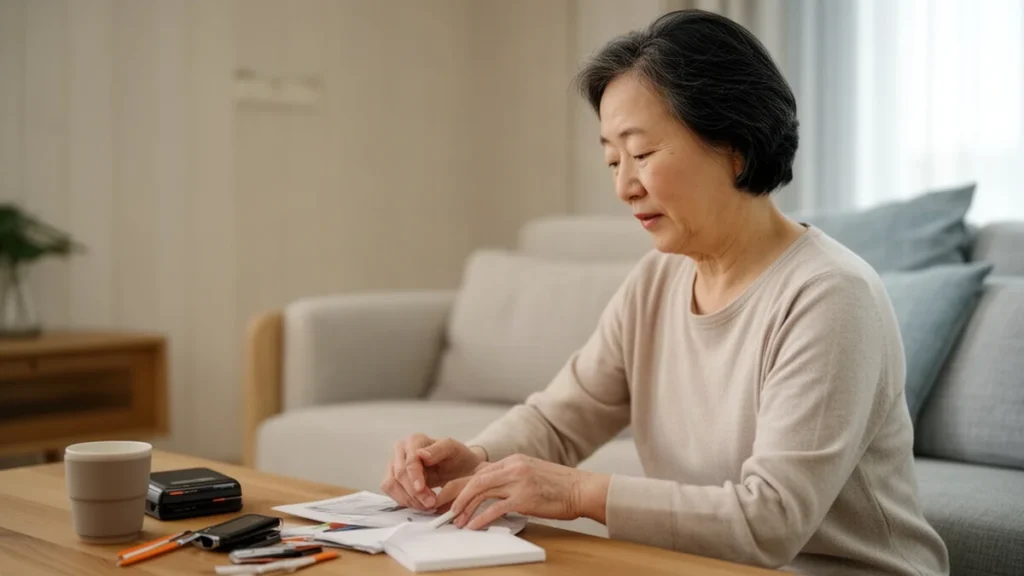 고지혈증 관련 집에서 일상적인 건강관리를 하는 50~60대 성인