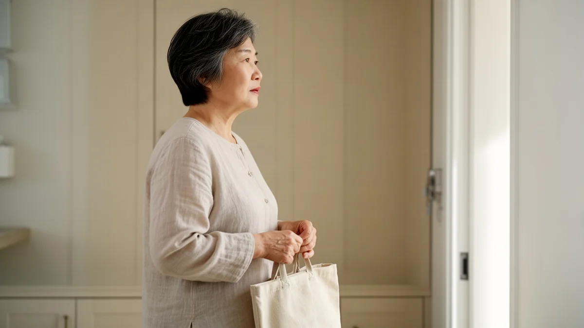 고지혈증 관련 병원 방문을 준비하며 외출하는 50~60대 성인