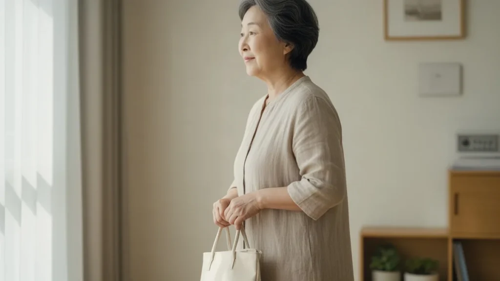 건강검진 관련 병원 방문을 준비하며 외출하는 50~60대 성인