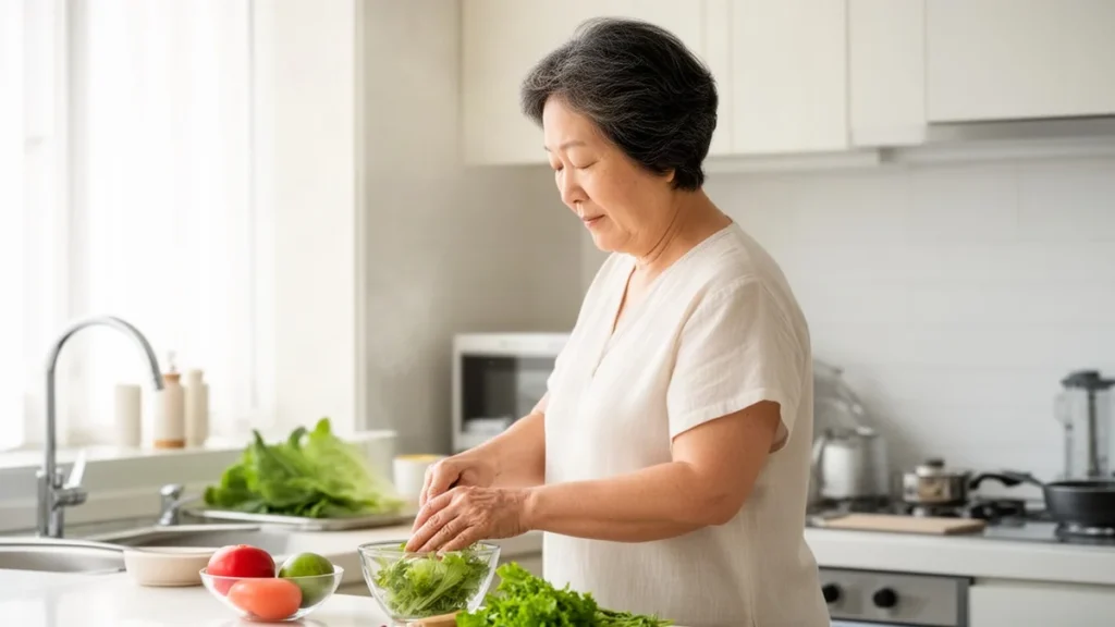 고지혈증 관련 주방에서 건강한 식생활을 준비하는 50~60대 성인