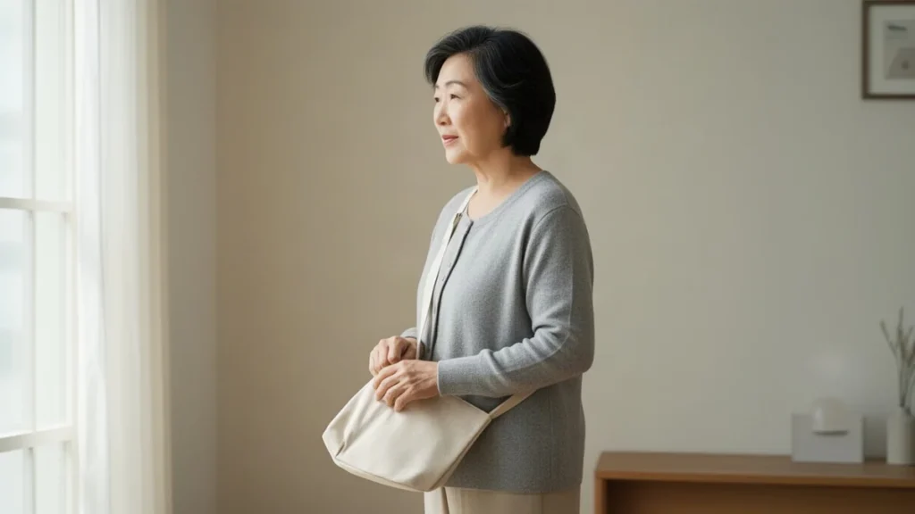 고지혈증 관련 병원 방문을 준비하며 외출하는 50~60대 성인