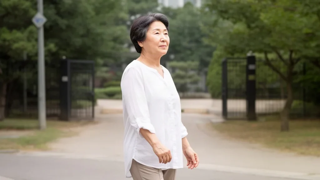 고지혈증 관련 야외 걷기 운동을 준비하는 50~60대 성인