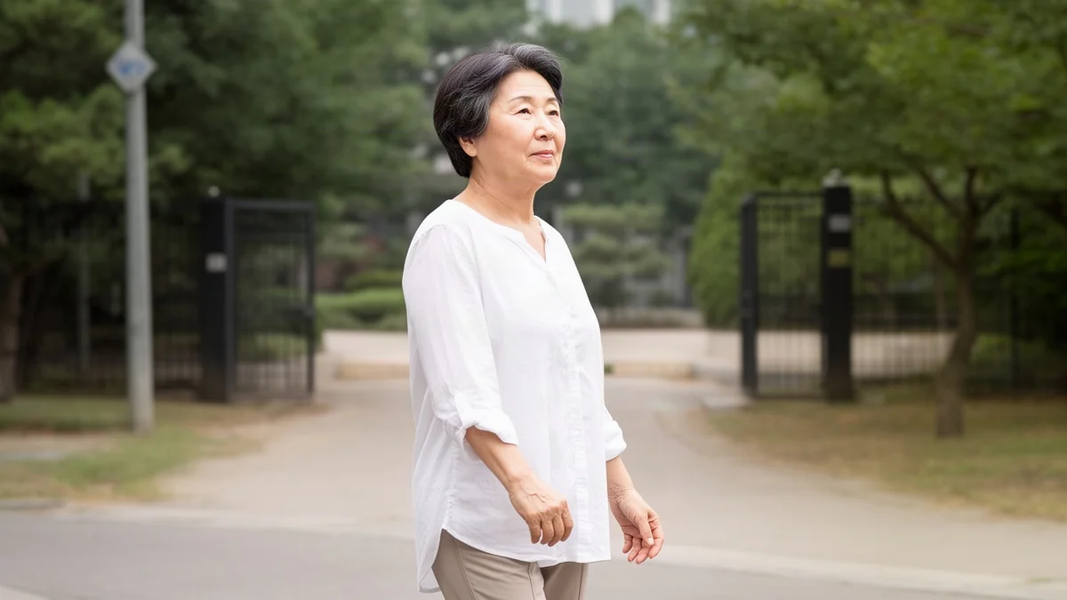 고지혈증 관련 야외 걷기 운동을 준비하는 50~60대 성인