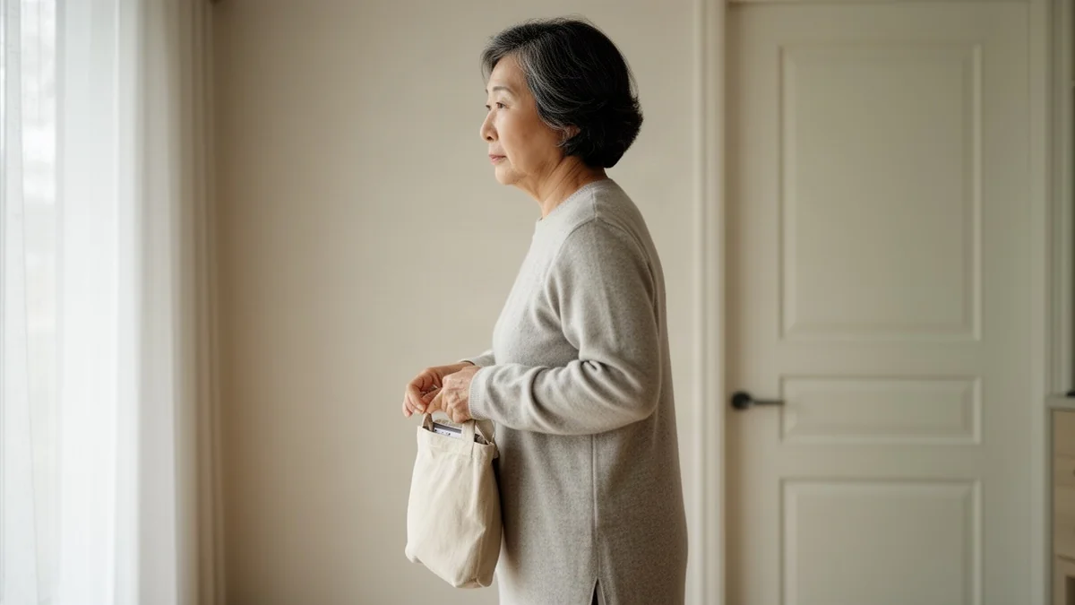 고지혈증 관련 병원 방문을 준비하며 외출하는 50~60대 성인